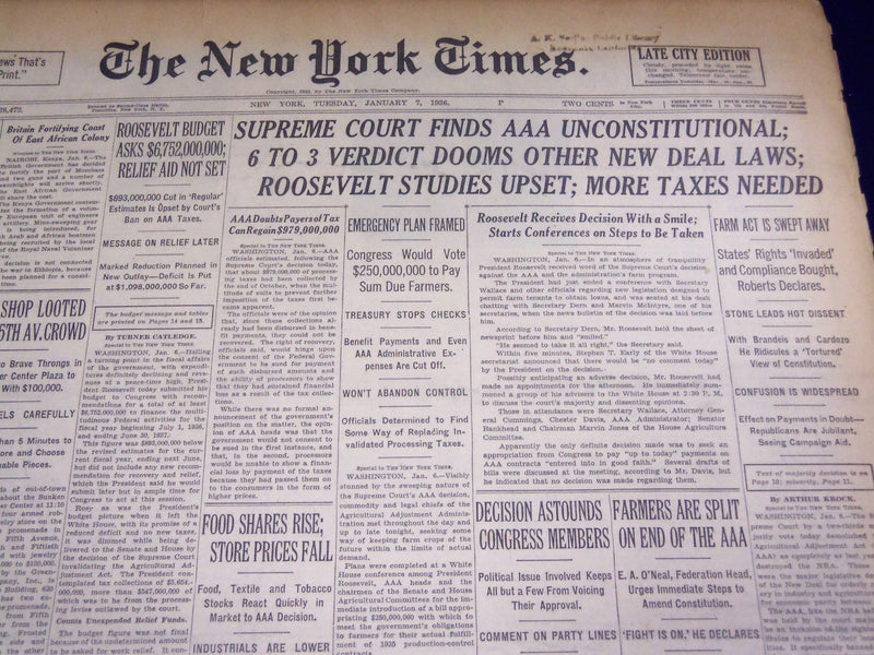1936 JAN 7 NEW YORK TIMES - SUPREME COURT FINDS AAA UNCONSTITUTIONAL - NT 2138