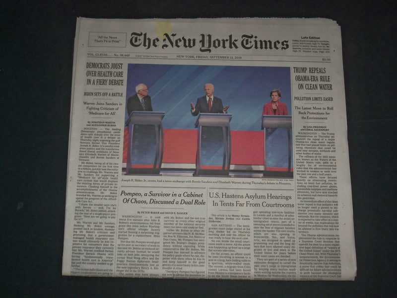 2019 SEPTEMBER 13 NEW YORK TIMES - TRUMP REPEALS OBAMA-ERA RULE ON CLEAN WATER