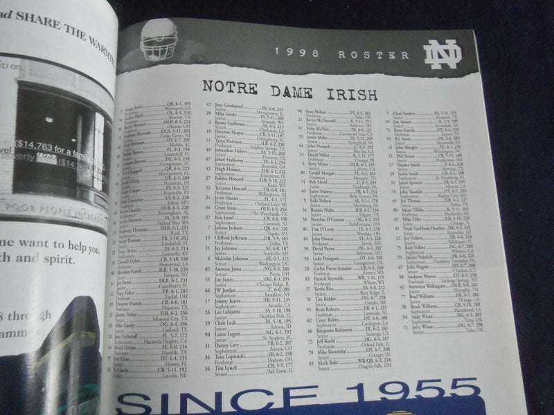 1998 NOVEMBER 21 FOOTBALL PROGRAM - UNIVERSITY OF NOTRE DAME VS LSU - SP 1213K
