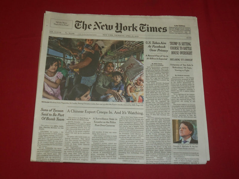 2019 APRIL 25 NEW YORK TIMES - TRUMP IS SETTING COURSE TO BATTLE HOUSE OVERSIGHT