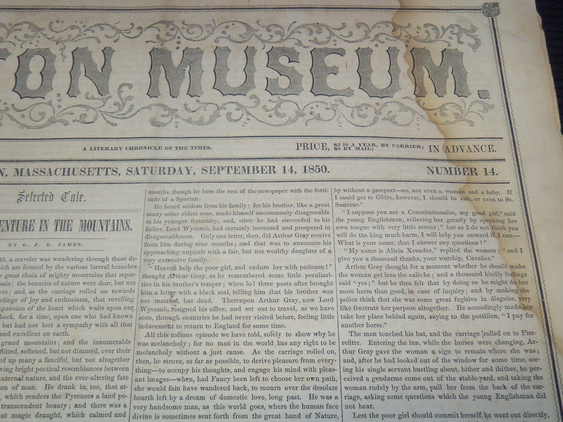 1850 SEPTEMBER 14 BOSTON MUSEUM NEWSPAPER - JENNY LIND - GIRAFFE - NP 9054