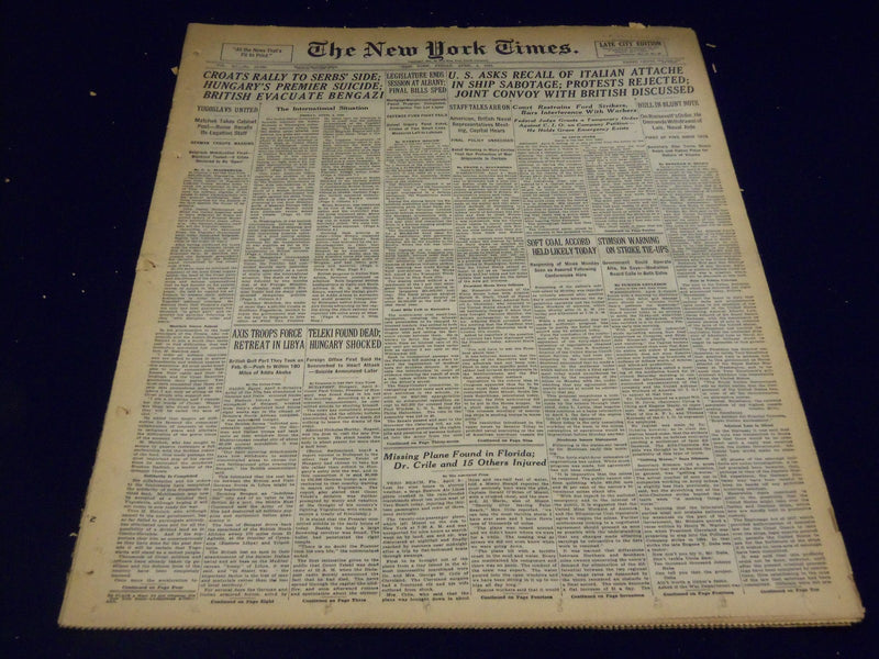 1941 APR 4 NEW YORK TIMES - BRITISH EVACUATE BENGAZI HUNGARY'S SUICIDE- NT 1355