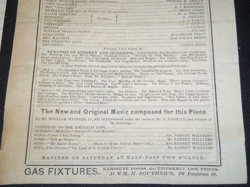 1869 BOSTON THEATRE PROGRAMS LOT OF 2 - THE EMERALD RING - PEARL SAVOY - J 5340