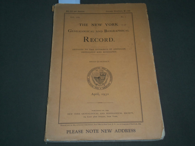 1930 APRIL THE NEW YORK GENEALOGICAL & BIOGRAPHICAL RECORD QUARTERLY - J 2692