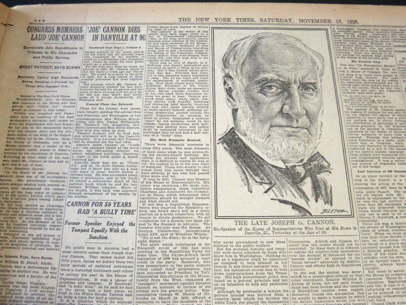 1926 NOVEMBER 13 NEW YORK TIMES - JOE CANNON DIES AT 90 - NT 6525