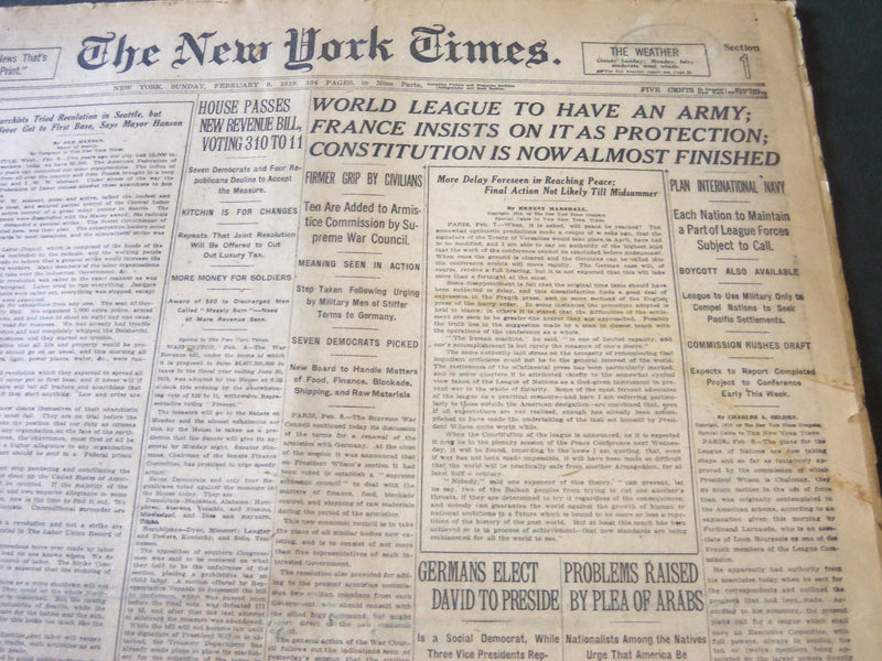 1919 FEBRUARY 9 NEW YORK TIMES - WORLD LEAGUE TO HAVE AN ARMY - NT 6201