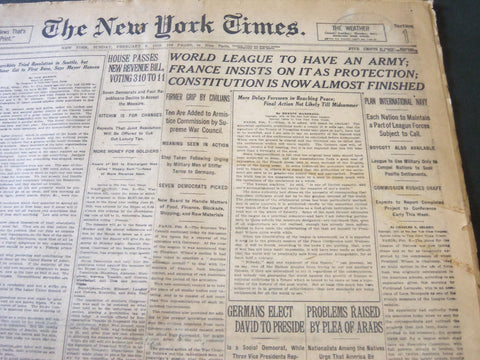 1919 FEBRUARY 9 NEW YORK TIMES - WORLD LEAGUE TO HAVE AN ARMY - NT 6201