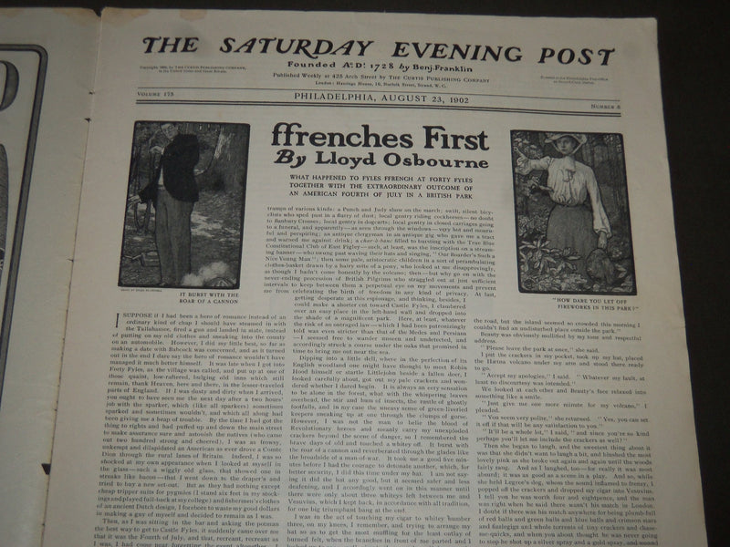 1902 AUGUST 23 THE SATURDAY EVENING POST MAGAZINE - ILLUSTRATED COVER- SP 1056