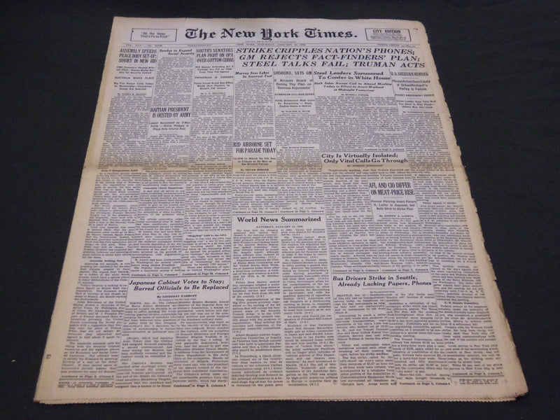 1946 JANUARY 12 NEW YORK TIMES - STRIKE CRIPPLES PHONES - NT 4242