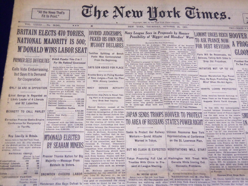 1931 OCTOBER 29 NEW YORK TIMES - BRITAIN ELECTS 470 TORIES - NT 3963