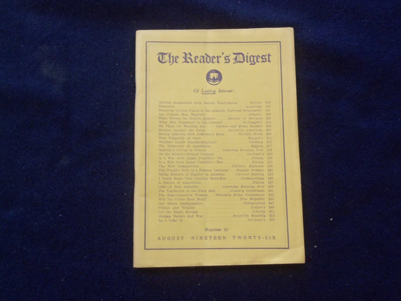 1926 AUGUST THE READER'S DIGEST SOFTCOVER BOOK - NUMBER 52 - J 8430