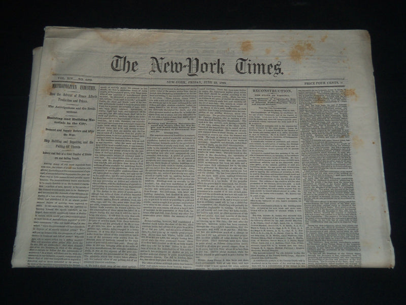 1865 JUNE 23 NEW YORK TIMES NEWSPAPER - RECONSTRUCTION - VIRGINIA - NP 3996