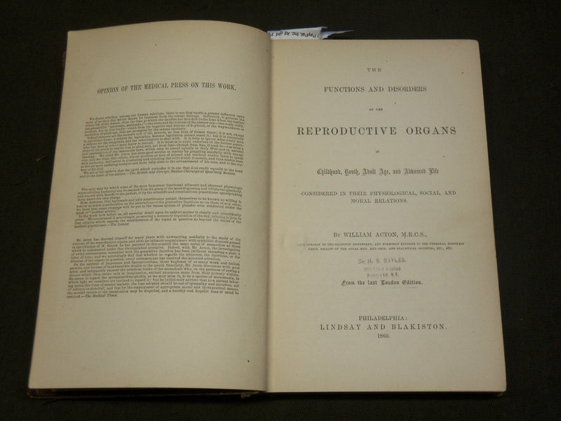 1865 THE FUNCTIONS OF THE REPRODUCTIVE ORGANS BOOK BY WILLIAM ACTON - KD 6180