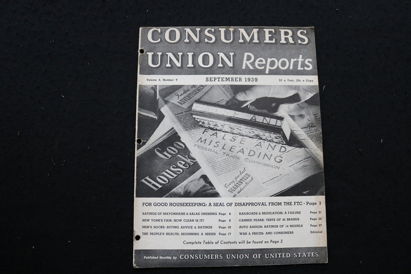 1939 SEPTEMBER CONSUMERS UNION REPORTS MAGAZINE - SP 4179Z