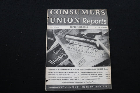 1939 SEPTEMBER CONSUMERS UNION REPORTS MAGAZINE - SP 4179Z