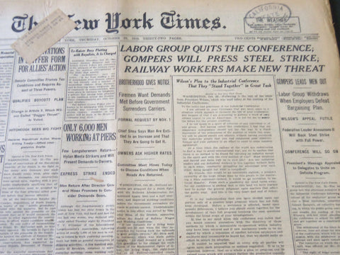 1919 OCTOBER 23 NEW YORK TIMES - GOMPERS WILL PRESS STEEL STRIKE - NT 6408