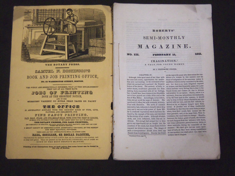 1841 FEB 15 ROBERTS' SEMI-MONTHLY MAGAZINE - JAMES FENNIMORE COOPER - ST 4523