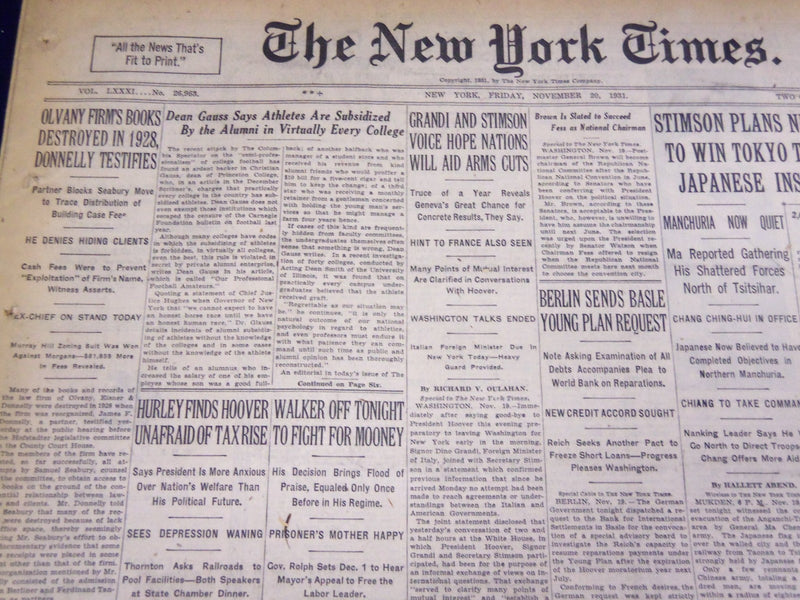 1931 NOVEMBER 20 NEW YORK TIMES - GAUSS SAYS ATHLETES SUBSIDIZED - NT 4140