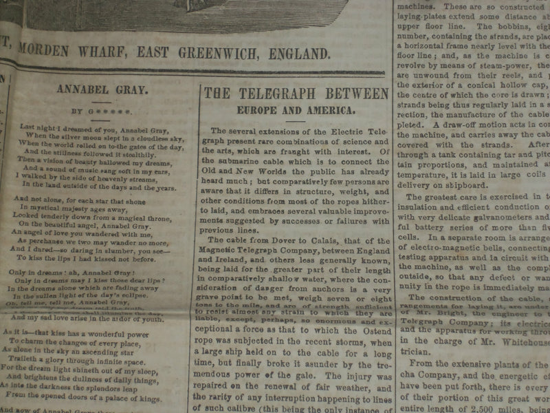 1857 APRIL 18 THE SATURDAY EVENING POST NEWSPAPER - THE ATLANTIC CABLE - NP 5055