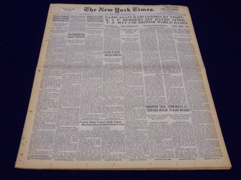 1940 SEPTEMBER 20 NEW YORK TIMES - NAZIS AGAIN RAID LONDON BY NIGHT - NT 180