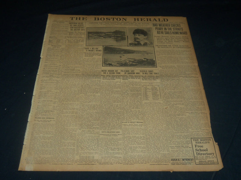 1909 SEPT 8 THE BOSTON HERALD - BAD WEATHER CHECKS PEARY IN THE STRAITS - BH 203