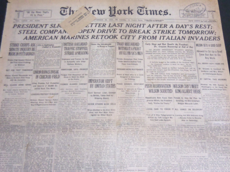1919 SEPTEMBER 28 NEW YORK TIMES - PRESIDENT SLIGHTLY BETTER LAST NIGHT- NT 7035