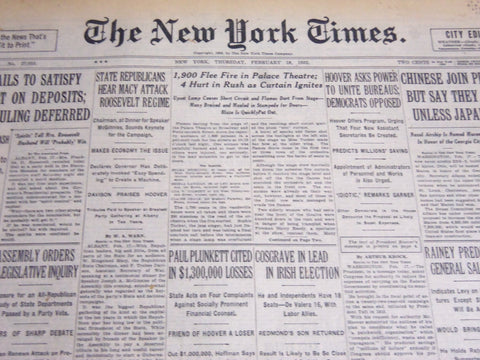 1932 FEBRUARY 18 NEW YORK TIMES - 1900 FLEE FIRE IN PALACE THEATRE - NT 6994