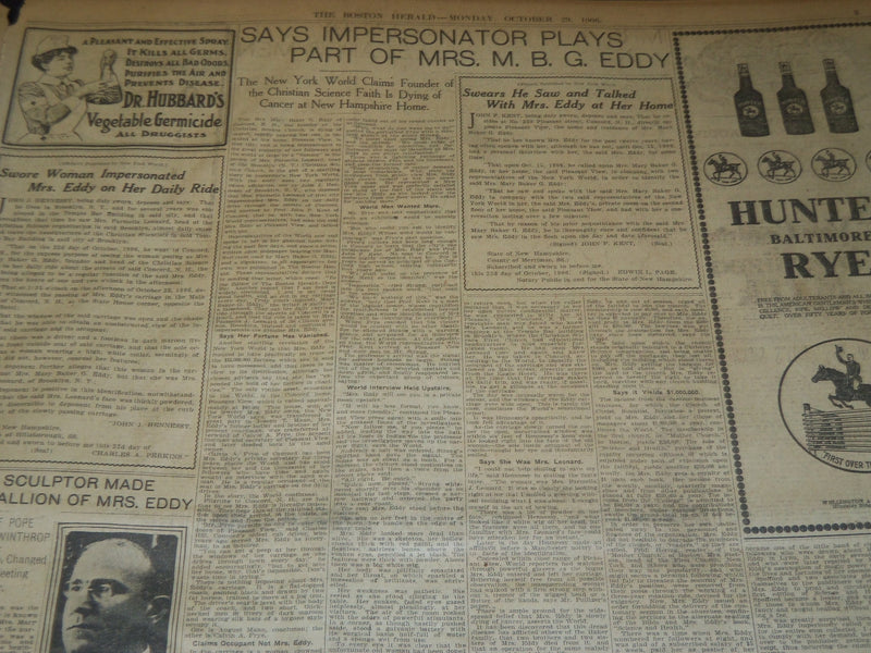 1906 OCTOBER 29 THE BOSTON HERALD - STORY OF MRS. EDDY'S DEATH DENIED - BH 92