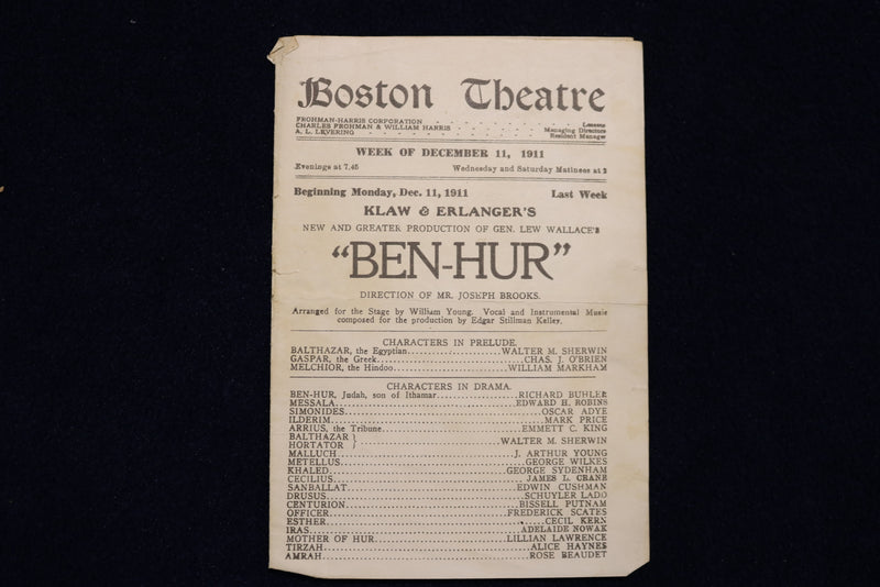 1911 DECEMBER 11 BEH-HUR PROGRAM - BOSTON THEATRE - LOT OF 2 - K 1649