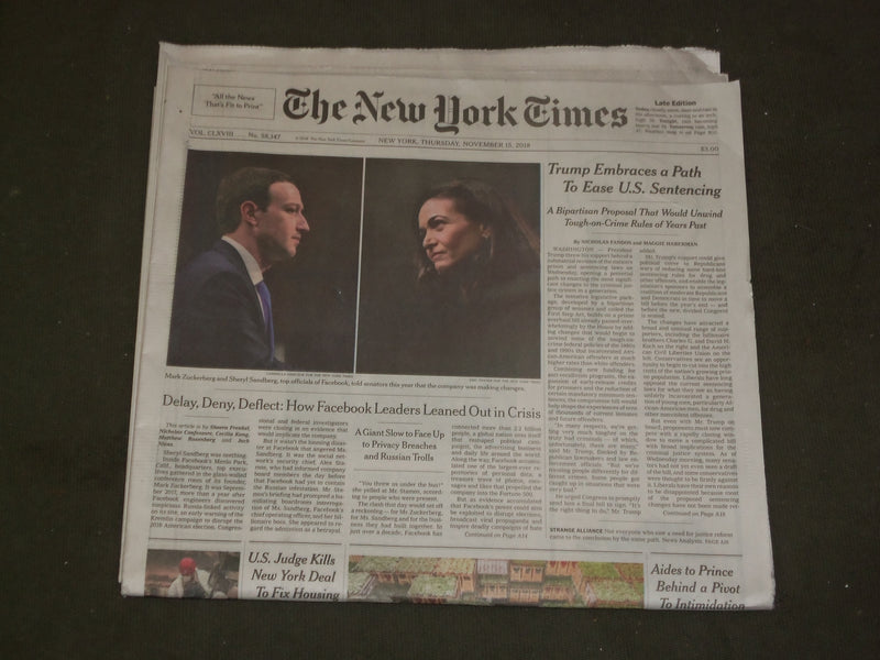 2018 NOVEMBER 15 NEW YORK TIMES - FACEBOOK - MARK ZUCKERBERG - PRIVACY BREACHES