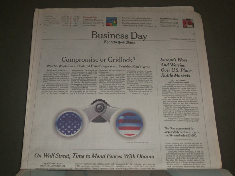 2012 NOVEMBER 8 NEW YORK TIMES NEWSPAPER - OBAMA GREETED BY LOOMING - NP 2723