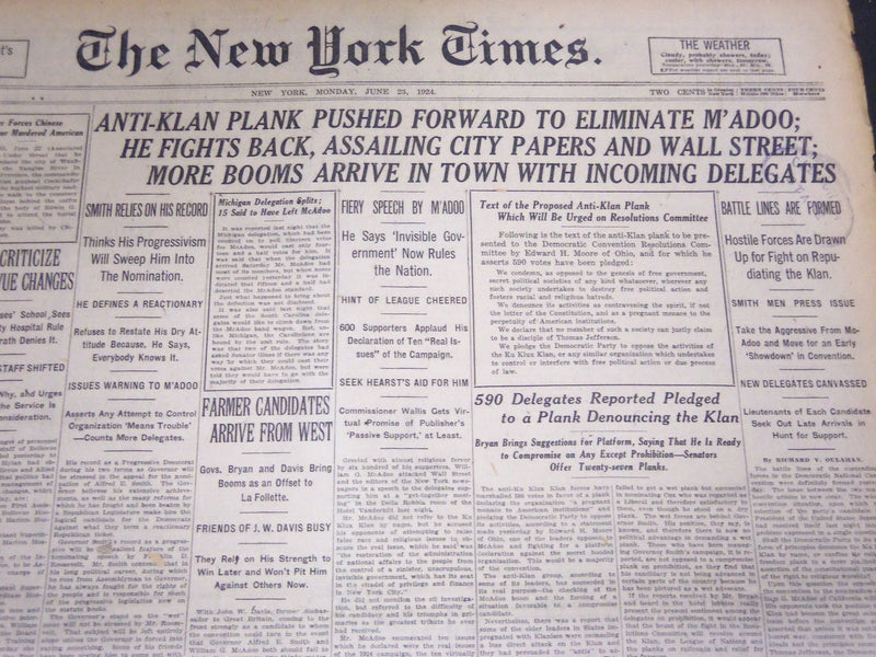 1924 JUNE 23 NEW YORK TIMES - ANTI-KHAN PLANK PUSHED ELIMINATE M'ADOO - NT 5092