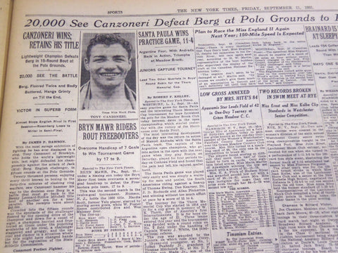 1931 SEPT 11 NEW YORK TIMES 20,000 CANZONERI DEFEAT BERG POLO GROUNDS - NT 5027