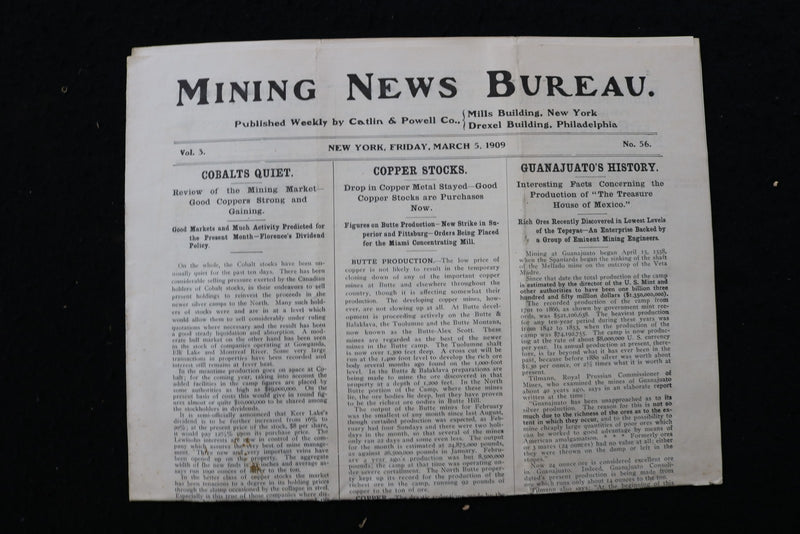 1909 MARCH 5 MINING NEWS BUREAU NEWSPAPER - CATLIN & POWELL CO. - K 2946