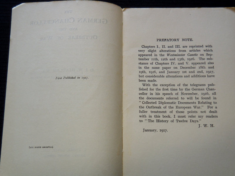 1917 THE GERMAN CHANCELLOR OUTBREAK OF WAR BOOK BY J. W. HEADLUM - J 7239