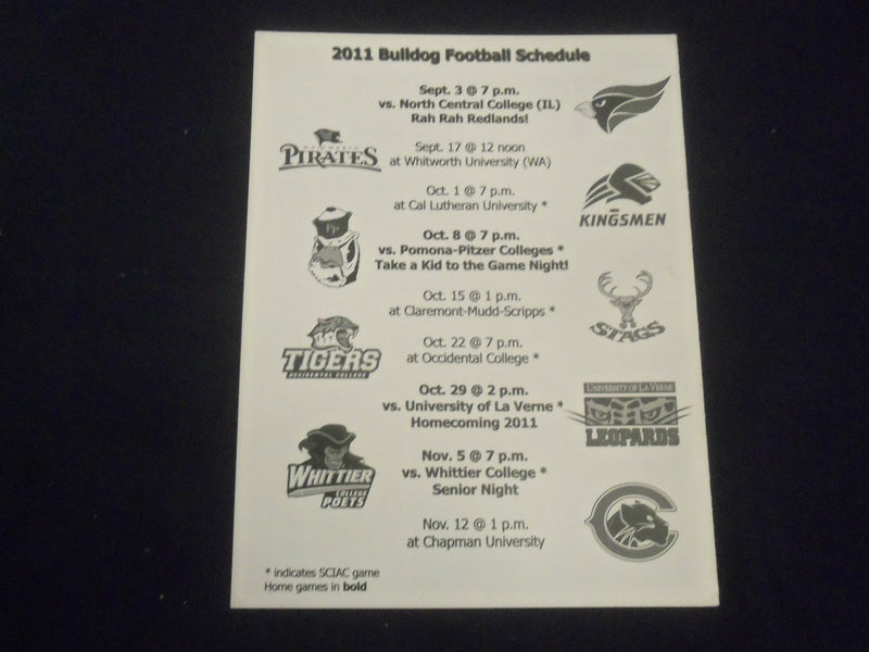 2011 UNIVERSITY OF REDLANDS FOOTBALL GAME NOTES - SP 1219E