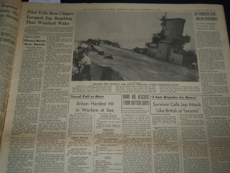 1941 DEC 11 PHILADELPHIA INQUIRER NEWSPAPER - JAP BATTLE SHIP ON FIRE - NT 7510