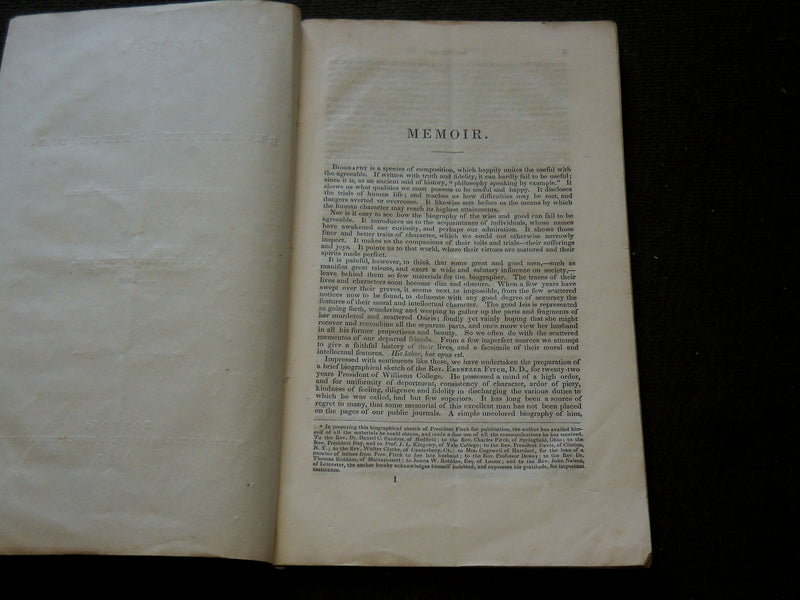 1843 MEMOIR OF REV. EBENEZER FITCH D. D. BOOK BY REV. CALVIN DURFEE - J 6158