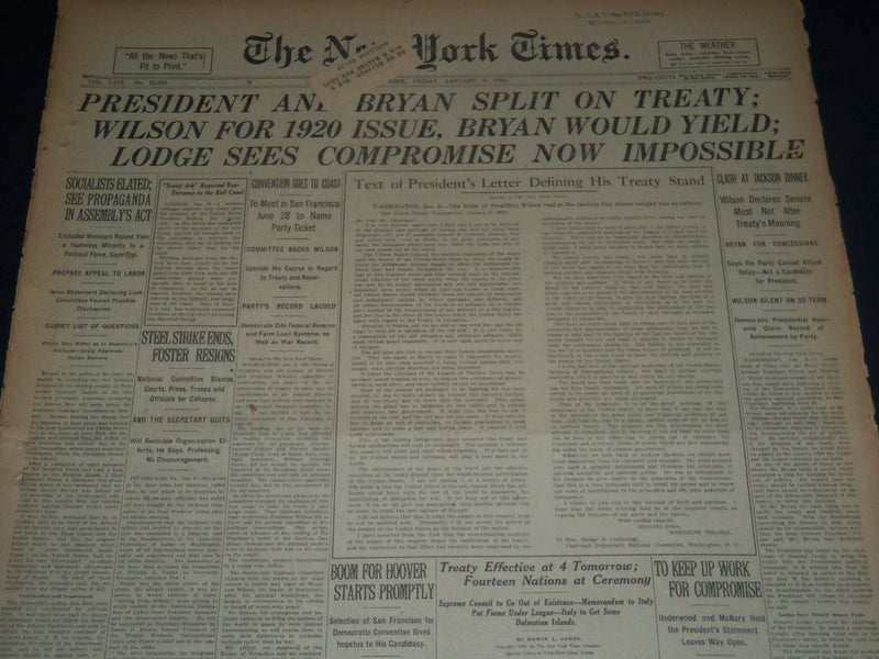 1920 JAN 9 NEW YORK TIMES NEWSPAPER - PRESIDENT & BRYAN SPLIT ON TREATY- NT 7554