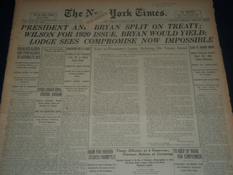 1920 JAN 9 NEW YORK TIMES NEWSPAPER - PRESIDENT & BRYAN SPLIT ON TREATY- NT 7554