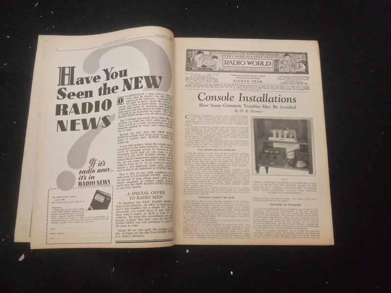 1929 DECEMBER 7 RADIO WORLD MAGAZINE - CONSOLE INSTALLATION IMPROVEMENTS- B 434G