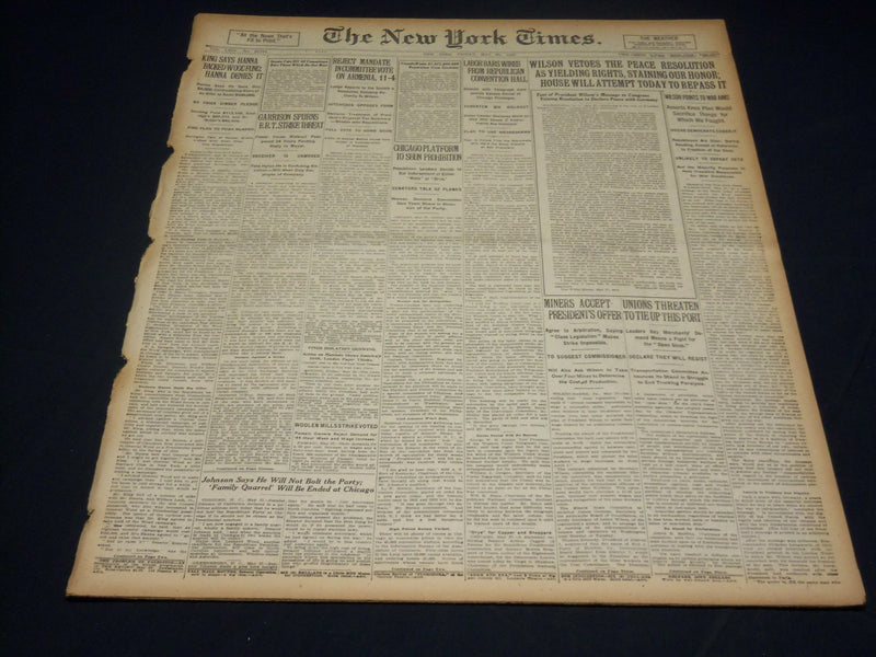 1920 MAY 28 NEW YORK TIMES - WILSON BETOES RESOLUTION, RUTH 2 HOMERS - NT 8680