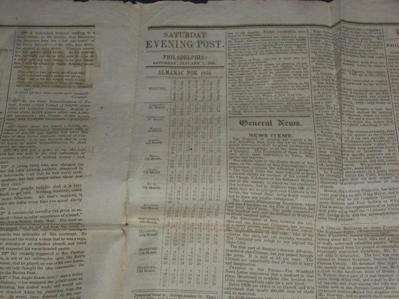 1854 JAN 7 THE SATURDAY EVENING POST NEWSPAPER -CHRISTMAS BY H.B. STOWE- NP 5060