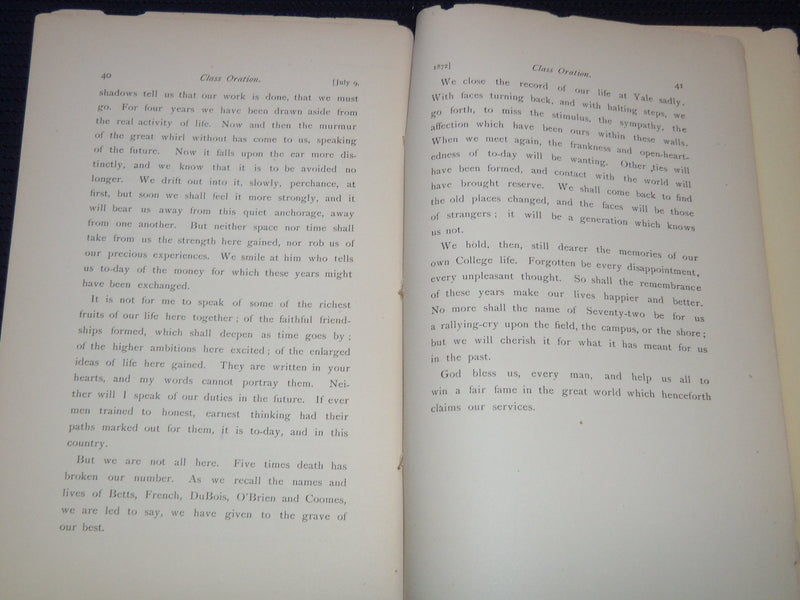 1872 JULY 9 YALE COLLEGE VALEDICTORY POEM AND ORATION BOOK - J 8053