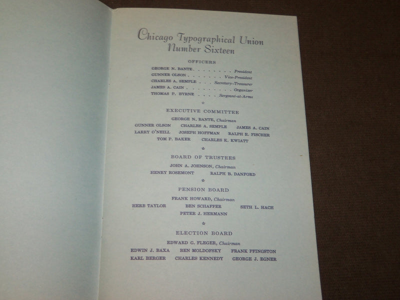 1952 OCTOBER CHICAGO TYPOGRAPHICAL UNION ANNIVERSARY DINNER PROGRAM - J 3495
