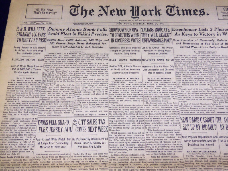1946 JUNE 24 NEW YORK TIMES - DUMMY ATOMIC BOMB FALLS - NT 3130