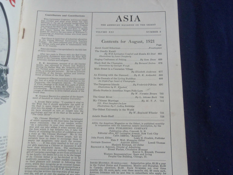 1921 AUGUST ASIA MAGAZINE -THE DEADLY KARAIT - GREAT PHOTOS & STORIES - SP 1222P