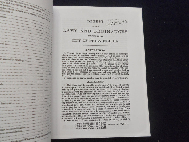 PHILADELPHIA LAWS AND ORDINANCES 1867 DIGEST REPRINT SOFTCOVER BOOK - KD 8500