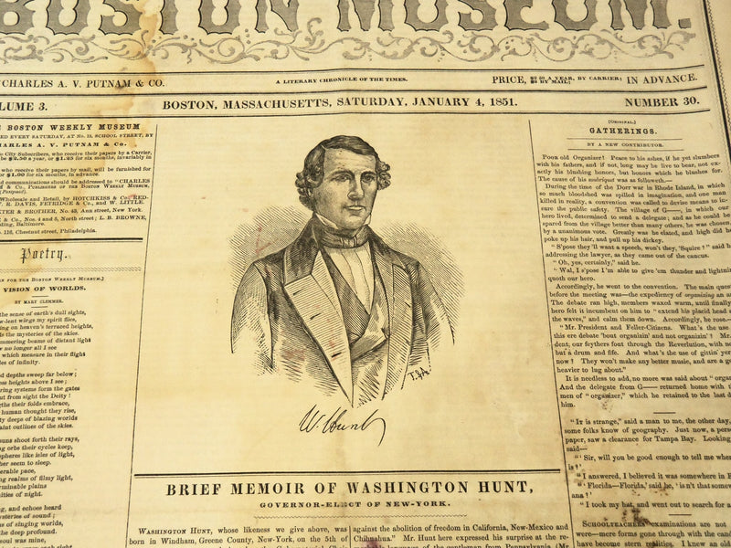 1851 JANUARY 4 THE BOSTON MUSEUM NEWSPAPER - GOVERNOR HUNT & BRIGGS - NP 9037