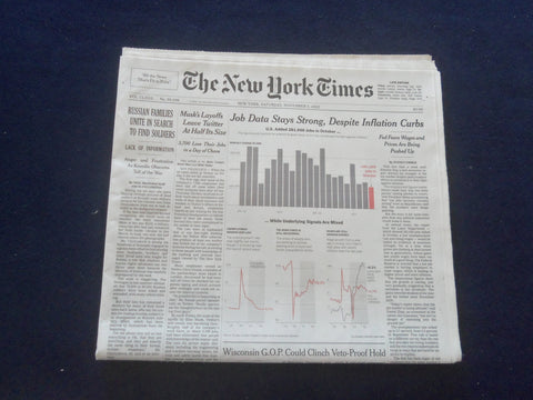 2022 NOVEMBER 5 NEW YORK TIMES - JOB DATA STAYS STRONG, DESPITE INFLATION CURBS